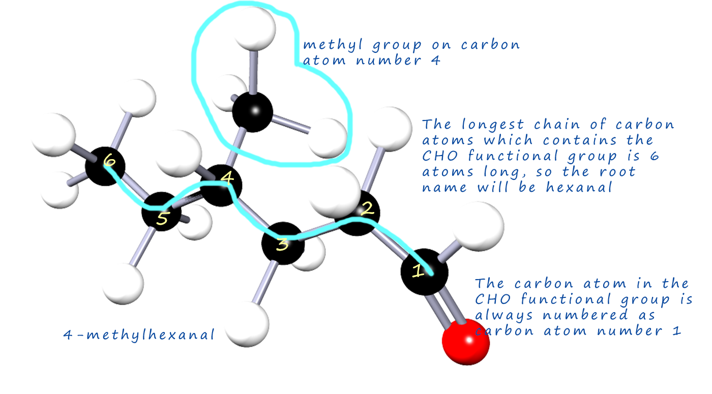 3d model of a substituted aldehyde molecule with details on how to name substituted aldehydes.